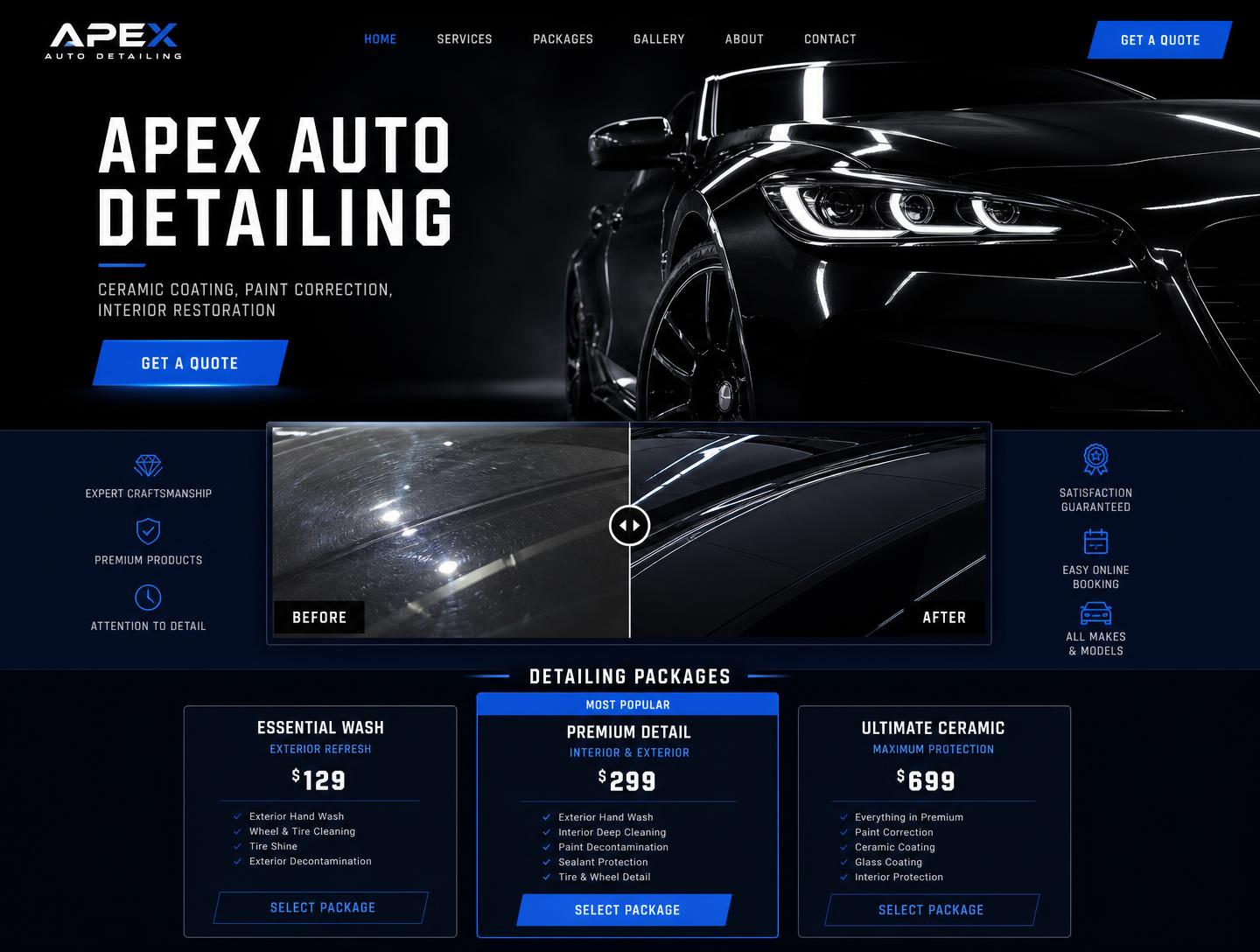 Apex Auto Detailing website concept shown in a desktop browser