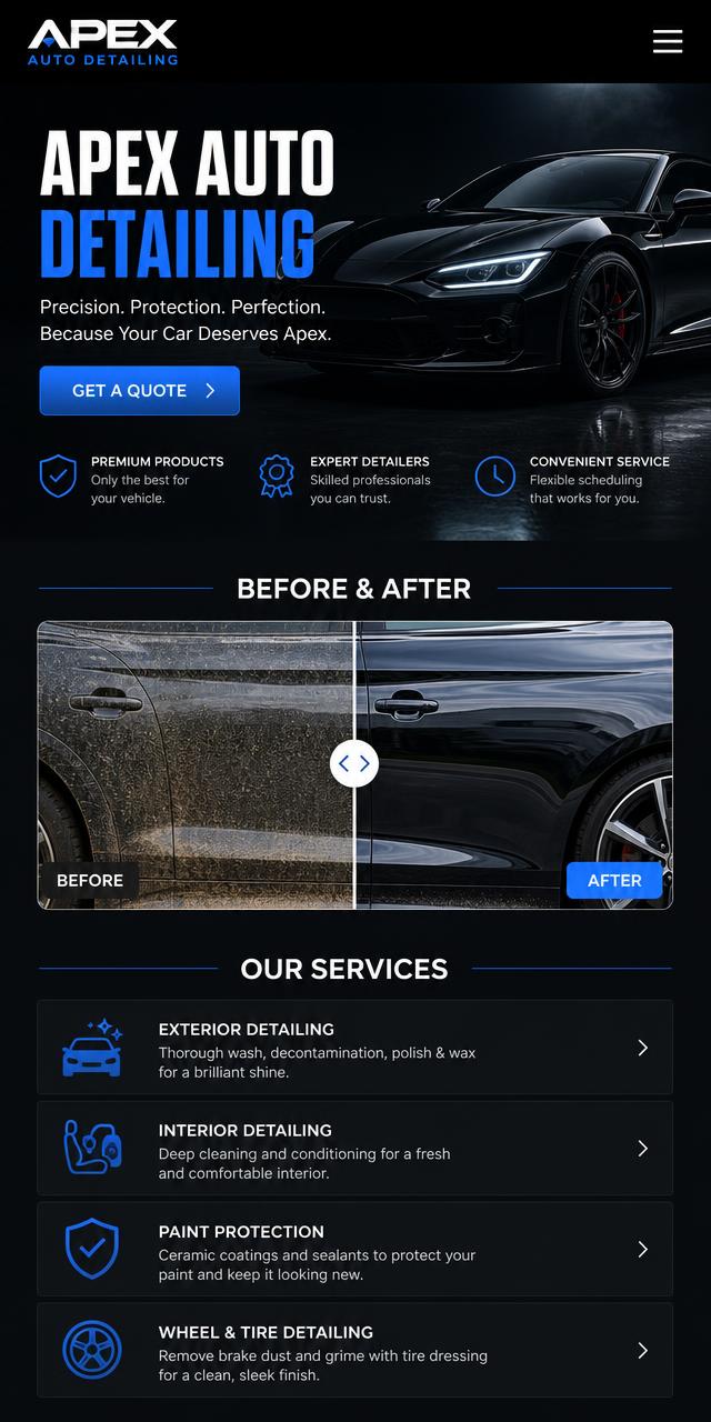 Apex Auto Detailing website concept shown on a mobile phone