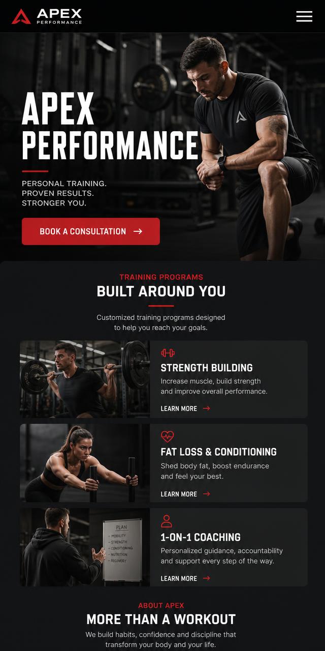 Apex Performance Training website concept shown on a mobile phone