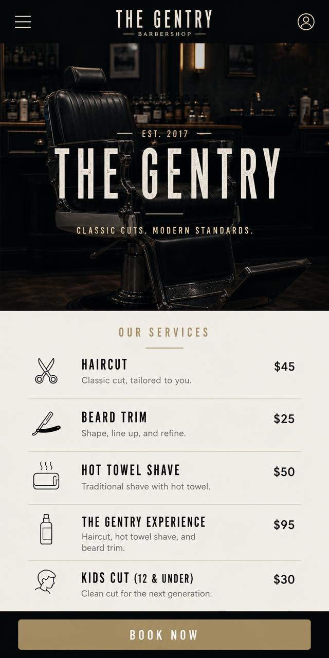 The Gentry Barbershop website concept shown on a mobile phone